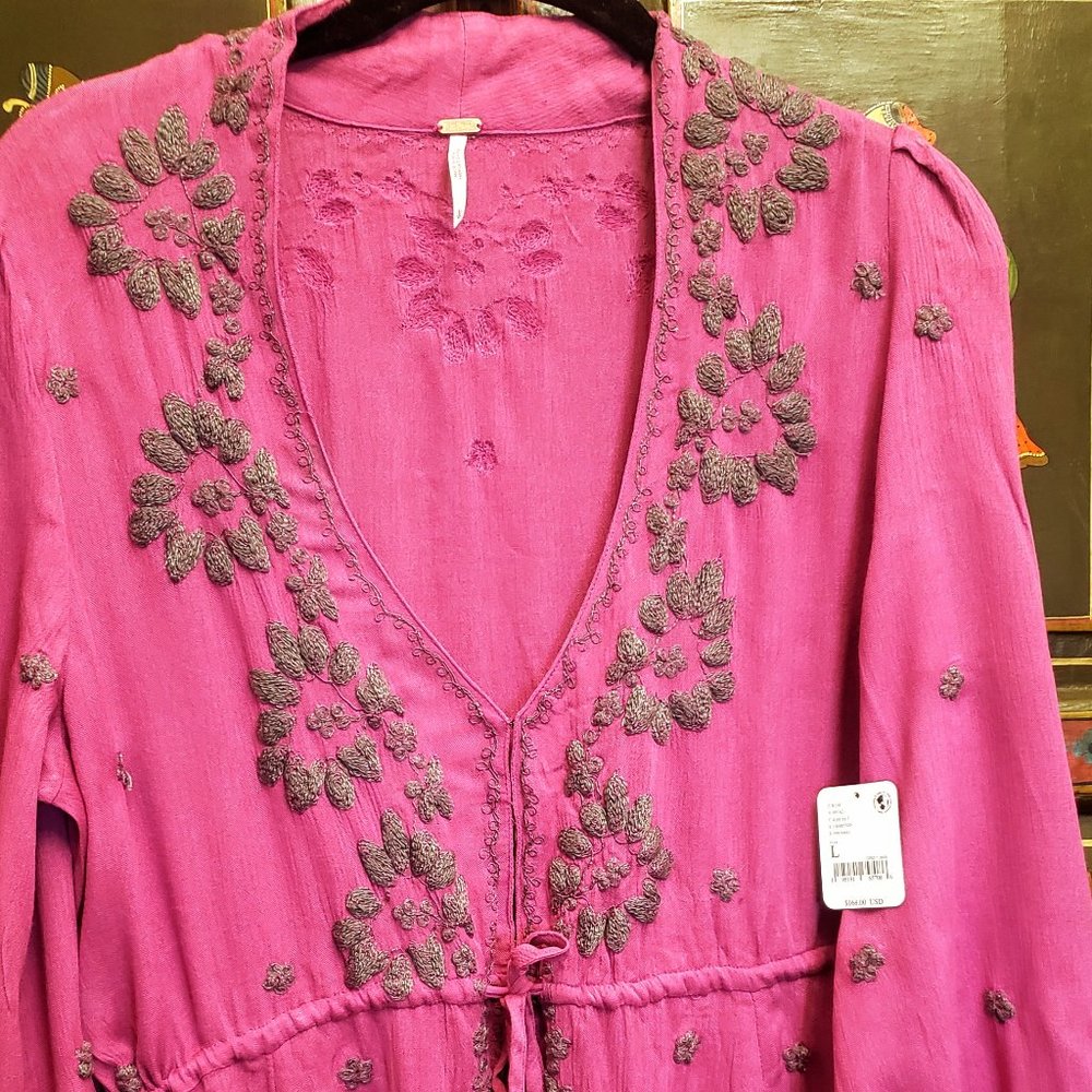 New with Tags Free People Fable Deep Pink with Grey Embroidery Dress, Size Large